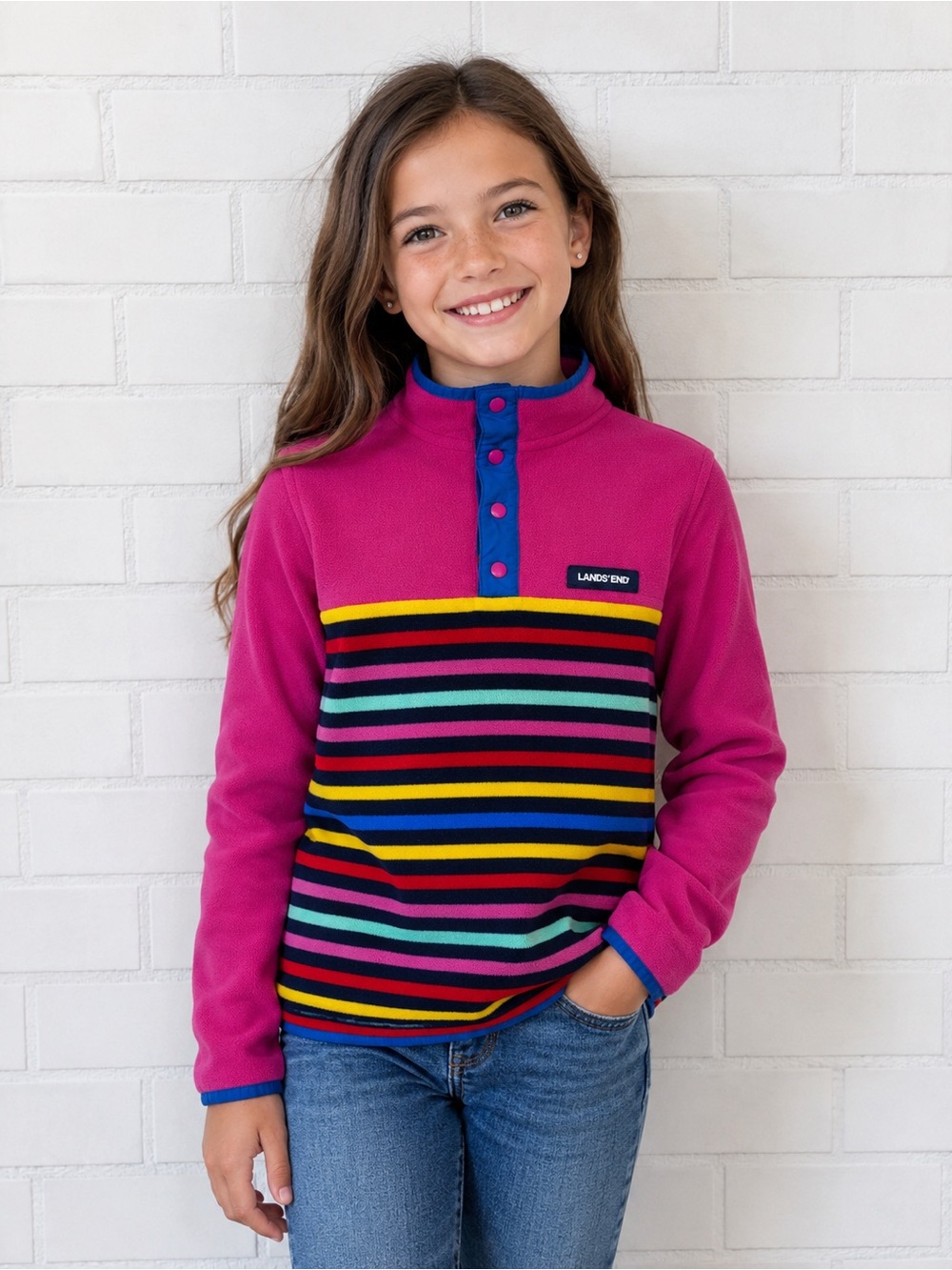 Lands’ End Kids Fleece Pullover Snap Neck Jacket Size M (8) Pink Rainbow Stripe